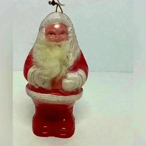 Vintage Plastic Santa Claus Rattle Ornament Rabbit Fur Beard - Picture 1 of 8